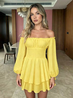 Women's Loose Playsuits Puff Long Sleeve Square Neck Ruffle Short Romper Dress Spring Fall Casual Elegant Overalls - Matrix Studios