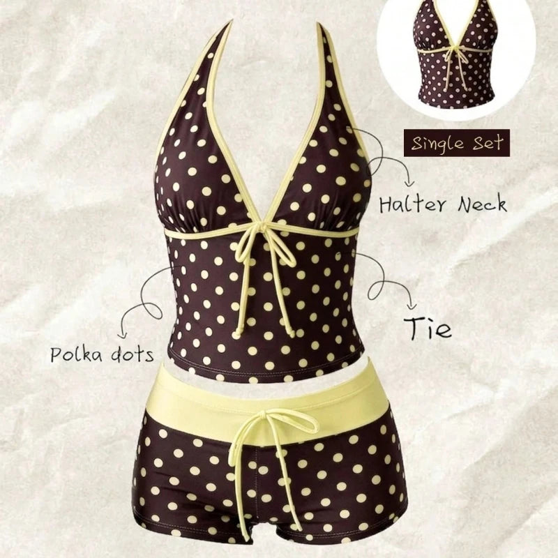 Women Swimwears Polka Dot 2-Piece Tankini Set Halter V Neck Front Tie Cami Top & Contrast Waistband Drawstring Swim Shorts - Matrix-studios.com
