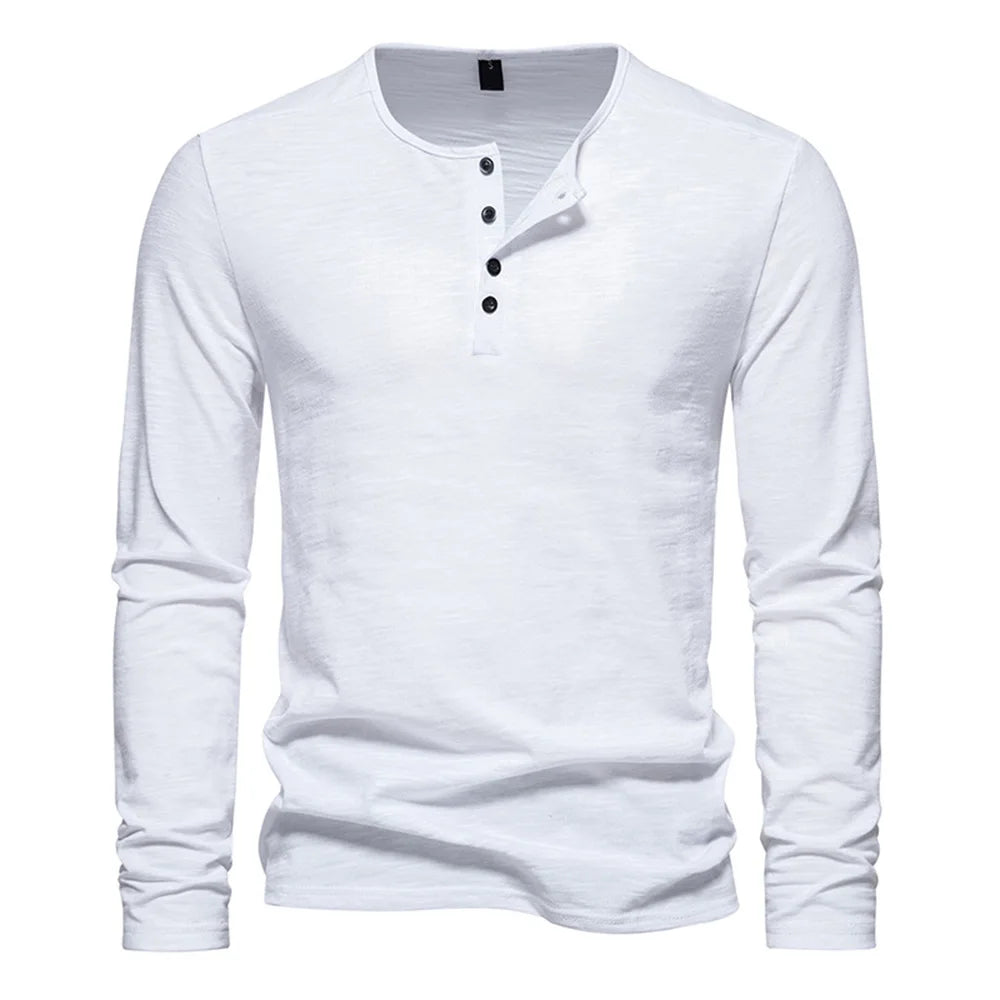 Men Long Sleeved T-shirt Cotton Slim Fit Bottoming Shirt Fitness Tops Tees Button Neck Casual Cozy Tshirt - Matrix Studios