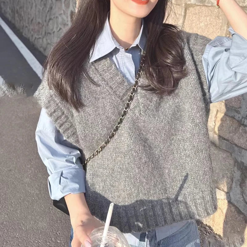 Grey Sleeveless Vest Knitted Vest Women's Autumn and Winter Korean Sweet Style Outerwear Sweater V-neck Casual Knitted Vest - Matrix Studios