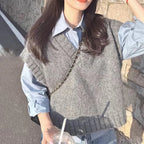 Grey Sleeveless Vest Knitted Vest Women's Autumn and Winter Korean Sweet Style Outerwear Sweater V-neck Casual Knitted Vest - Matrix Studios