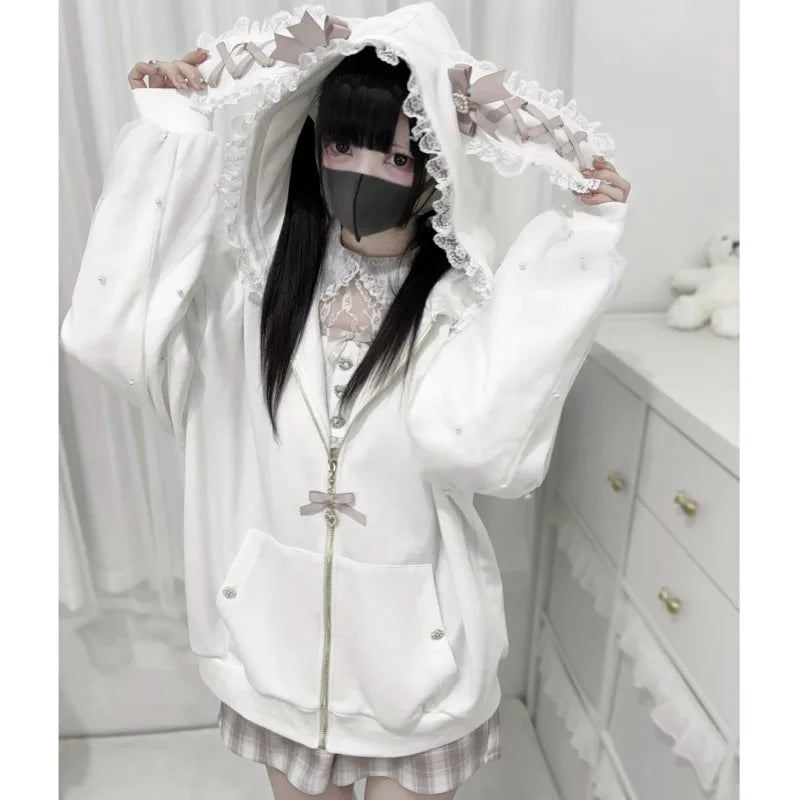 Bunny Hoodie Hoodies Y2K Rabbit Ear Hoodie Lolita Jacket Bow Girls Pearl JK Japan Lace Kawaii Zipper Cardigan Long Sleeved Top - Matrix Studios