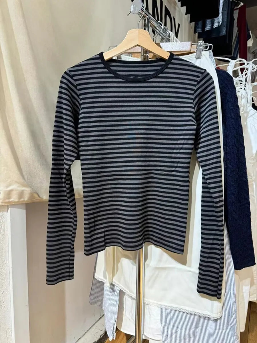 Pink Striped Slim Long Sleeve Tees Women Spring Casual Cotton O-neck Tshirt New Tops Clothes Sweet Cute  Vintage T-shirts Y2K - Matrix-studios.com