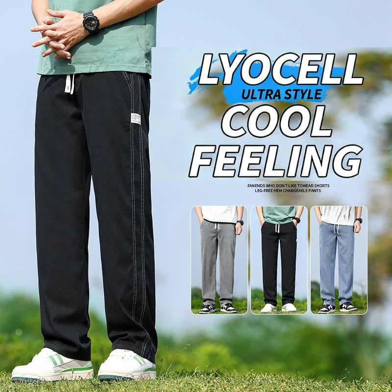Men's Summer Soft Lyocell Fabric Jeans Thin Loose Straight Denim Pants Drawstring Elastic Waist Casual Trousers Plus Size M-5XL - Matrix Studios