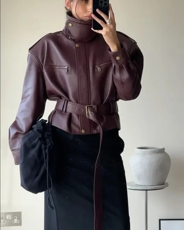 Women Solid Burgundy Waist Cinching Jacket Fashion Lace Up Stand Collar Zipper Bucket Short Jackets 2026 Lady High Street Coat - Matrix Studios
