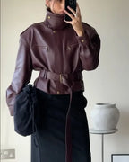 Women Solid Burgundy Waist Cinching Jacket Fashion Lace Up Stand Collar Zipper Bucket Short Jackets 2026 Lady High Street Coat - Matrix Studios