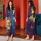 Print Flower Long Kimono Bathrobe Gown Sexy Women Half Sleeve Wedding Robe Nightgown Spring Summer Rayon Home Dress Sleepwear - Matrix-studios.com