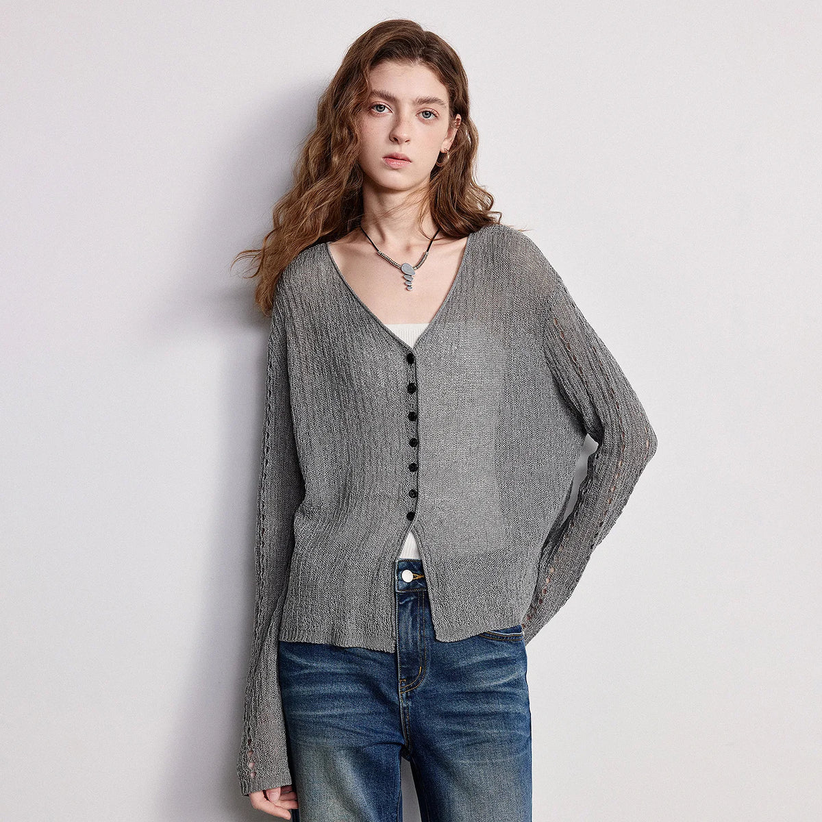 TOYOUTH Women Knitwear 2026 Spring New Loose Hollowed Out V-neck Cardigan Jacket - Matrix Studios