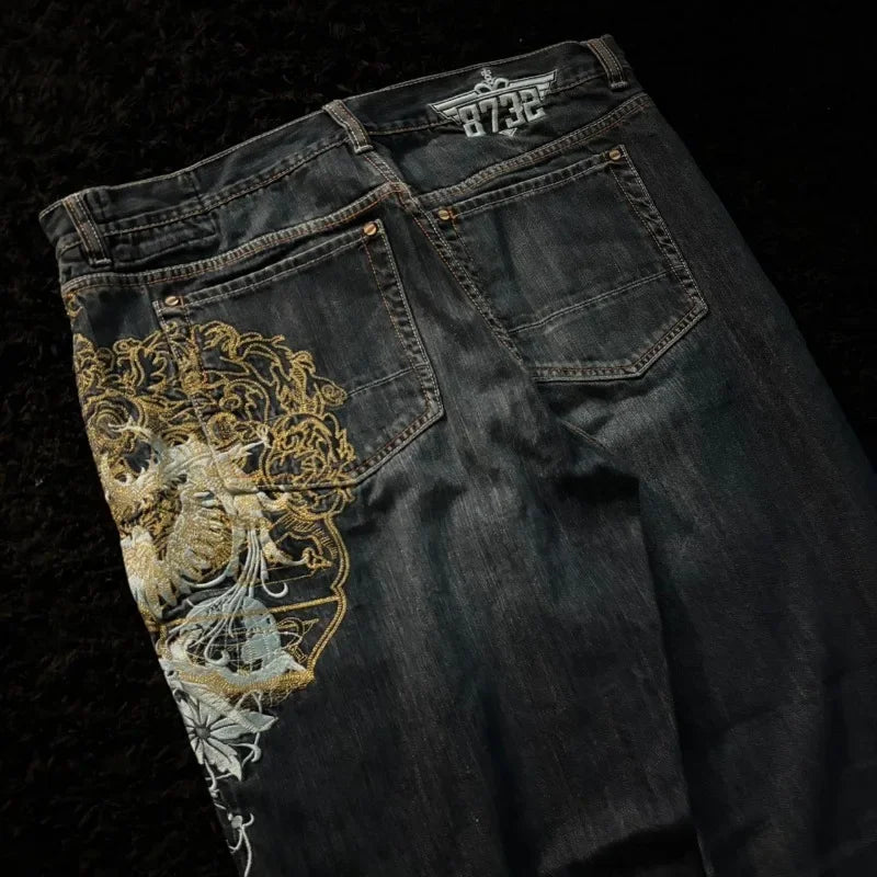 Y2K New Retro Centipede Embroidery Pattern Washed Oversized Wide-Leg Pants Street Gothic Harajuku Floor Pants For Men and Women - Matrix Studios