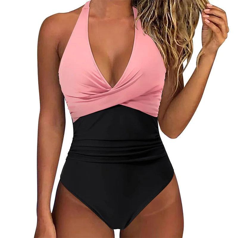 Leopard Print Wrinkled Halter V Neck One Piece Swimsuit Women Swimwear Monokini Backless Bathing Suit Swim Beachwear Bodysuit - Matrix Studios