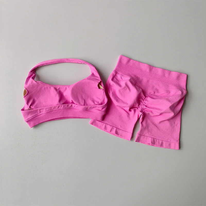 Sexy Halter Neck Beautiful Back High Waist Peach Sports Bras Shorts Suit Pilates Gathering Yoga Vest Training Fitness Bra Sets - Matrix-studios.com