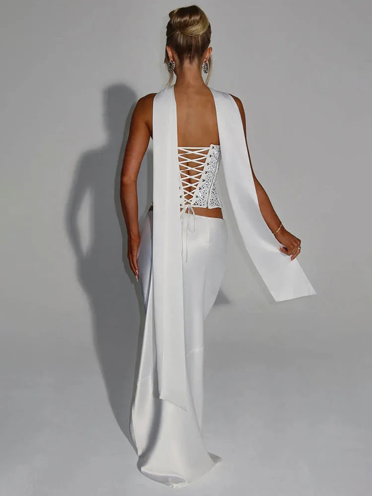 Mozision Sequins Sexy Dress Set Women Sparkle Scarf Collar Crop Tops And Maxi Skirt Elegant Club Party Satin Skirt Matching Set - Matrix-studios.com