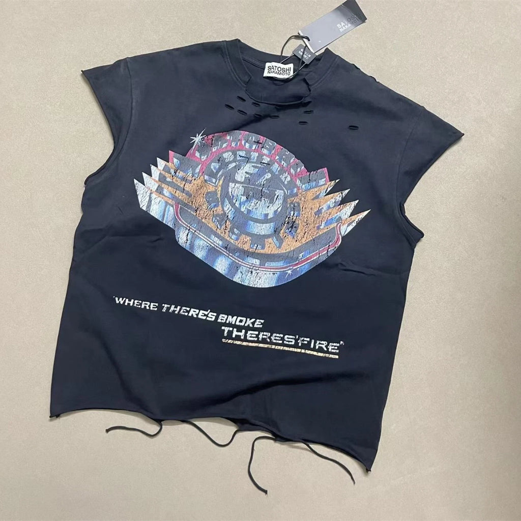 Satoshi Nakamoto Where There’s Smoke There’s Fire Washed Distressed Ripped Sleeve Tank Top Sleeveless T Shirt Men Women T-Shirt - Matrix-studios.com