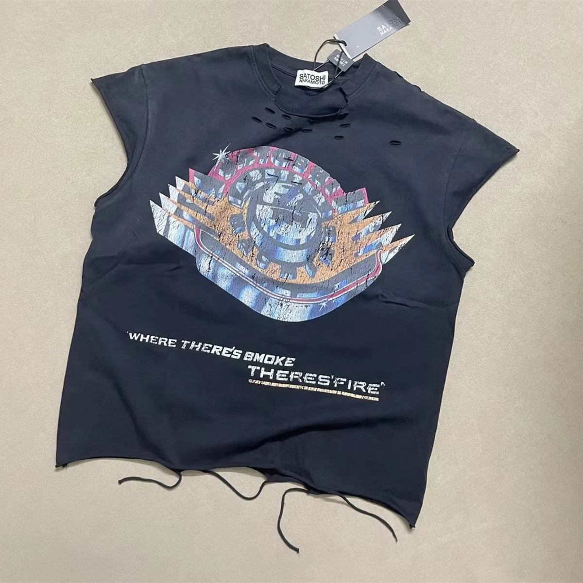 Hole Satoshi Nakamoto Where There’s Smoke There’s Fire Distressed Ripped Sleeve Tank Top Sleeveless Men Women T-Shirt - Matrix-studios.com