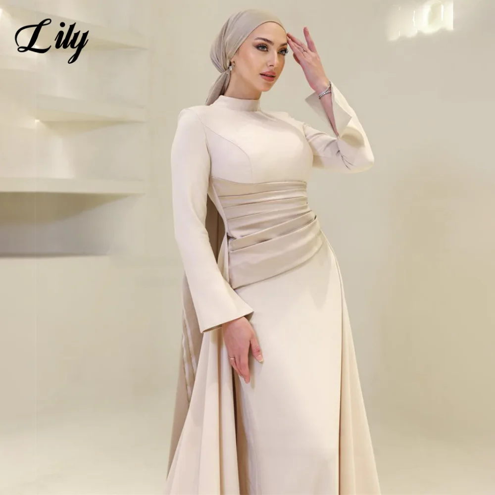 Lily Burgundy Elegant Prom Dresses High-Neck Long Sleeves Mermaid Evening Dresses Satin Muslim Formal Gowns Dubai  Customized - Matrix-studios.com