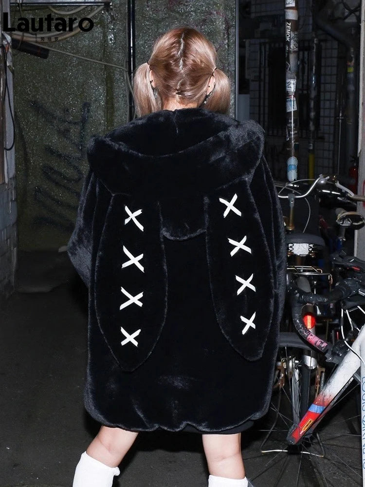 Lautaro Autumn Oversized Sweet Cute Soft Purple Black Faux Fur Coat Women with Bunny Ears Kawaii Loose Fluffy Jacket Hoodie 2023 - Matrix Studios