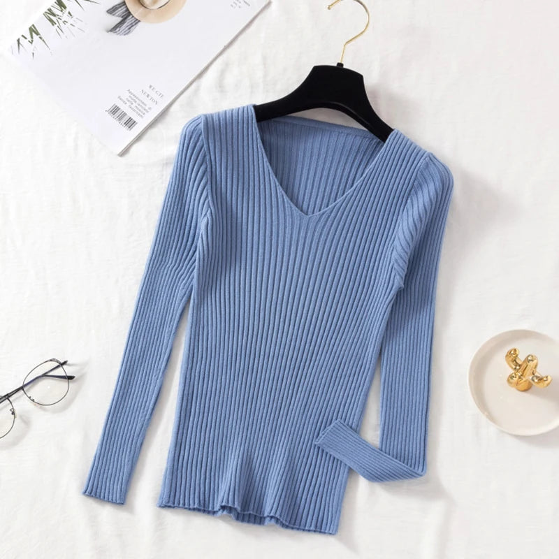 Autumn Winter Women Sweaters Casual Long Sleeve Knitted V Neck Pullover Sweater Femme Basic Solid Jersey Tops Fashion Clothes - Matrix-studios.com