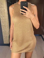 2026 Sexy Backless Cut Out Crochet Knitted Tunic Beach Cover Up Cover-ups Beach Dress Beach Wear Beachwear Female Women V5461 - Matrix Studios