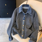 Chic Denim Collar Stitching Fake Two-piece Sweater Women's Cardigan New Single Breasted Knitted Jacket Coat Female Outwear - Matrix Studios