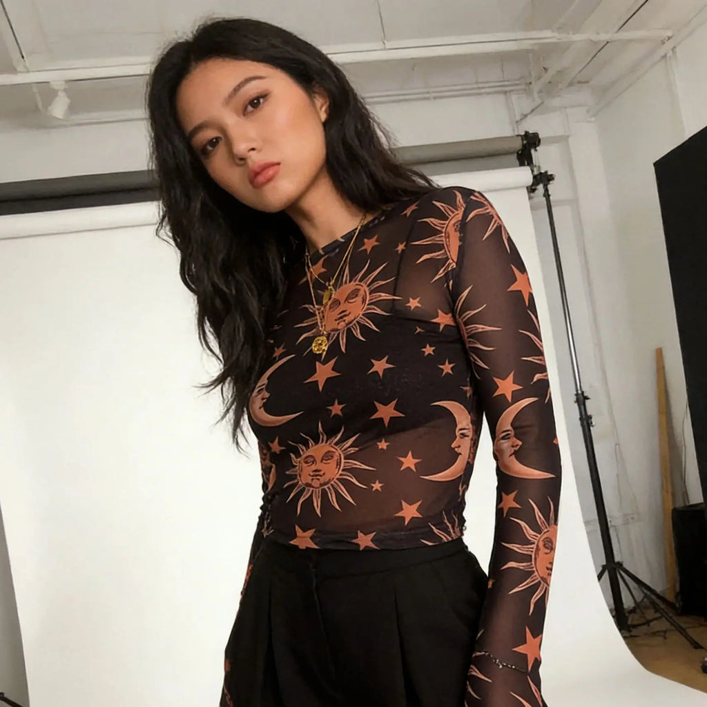 Women's New Style Black-and-White Sun-and-Moon Print Sheer Mesh T-Shirt Sheer Mesh Round Neck Base Layer T-Shirt - Matrix-studios.com