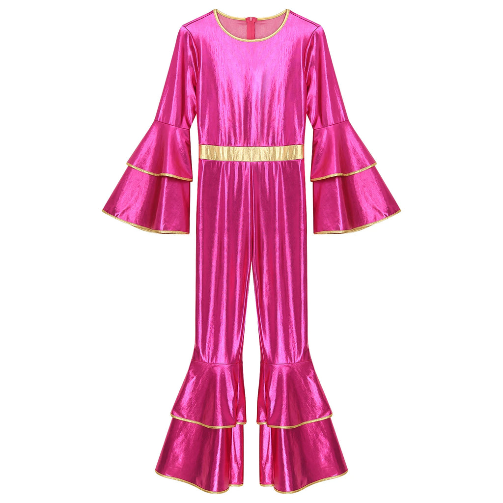 Womens 70S Disco Vintage Jumpsuit Metallic Shiny Flare Sleeve Bodysuit Hippie Bell Bottom Jazz Dance Carnival Rave Party Costume - Matrix Studios