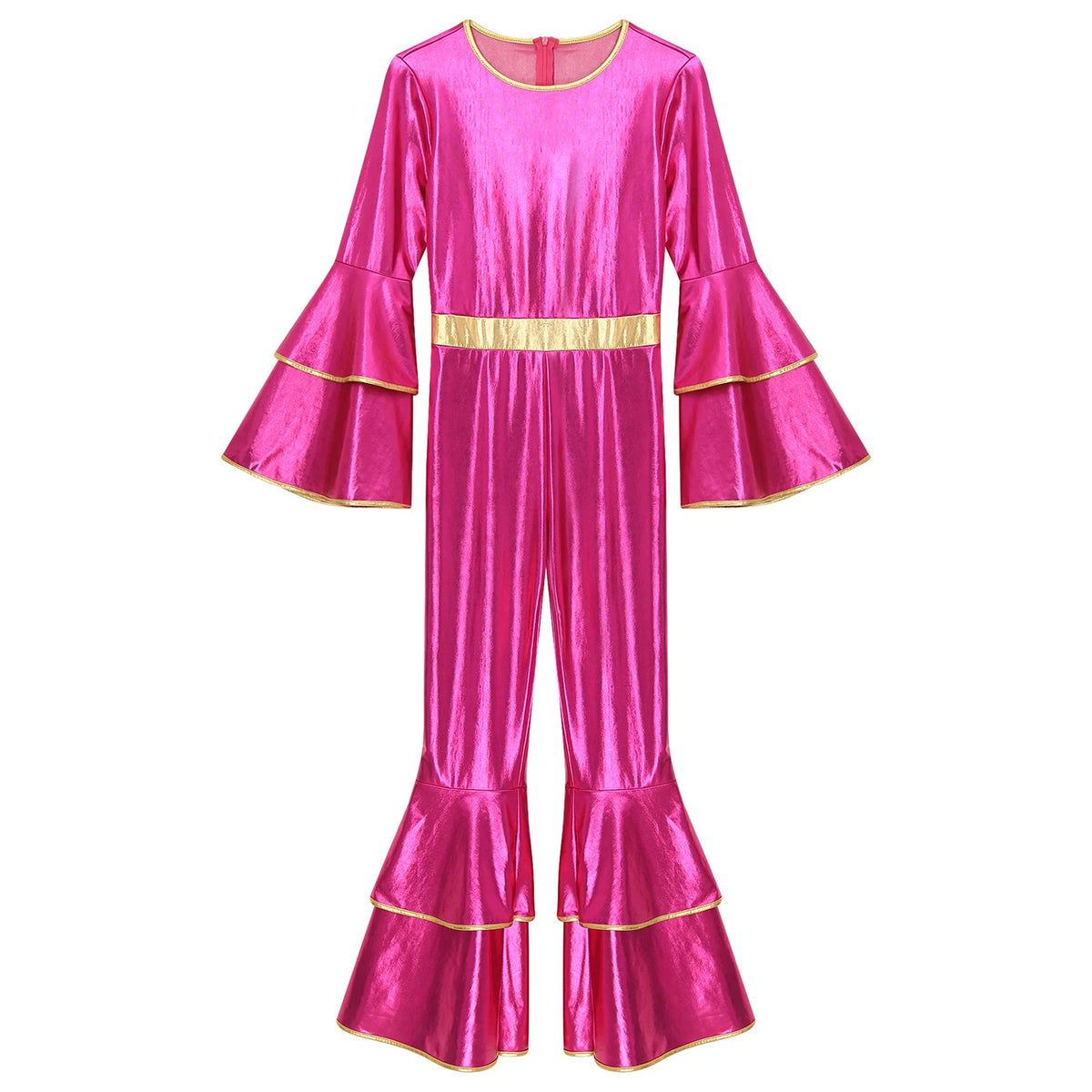 Womens 70S Disco Vintage Jumpsuit Metallic Shiny Flare Sleeve Bodysuit Hippie Bell Bottom Jazz Dance Carnival Rave Party Costume - Matrix Studios