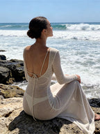 Women See Through Long Sleeve Backless Long Dresses Knit Dress Bikini Cover-ups for Beach Club Sexy Cover-ups Dress - Matrix Studios