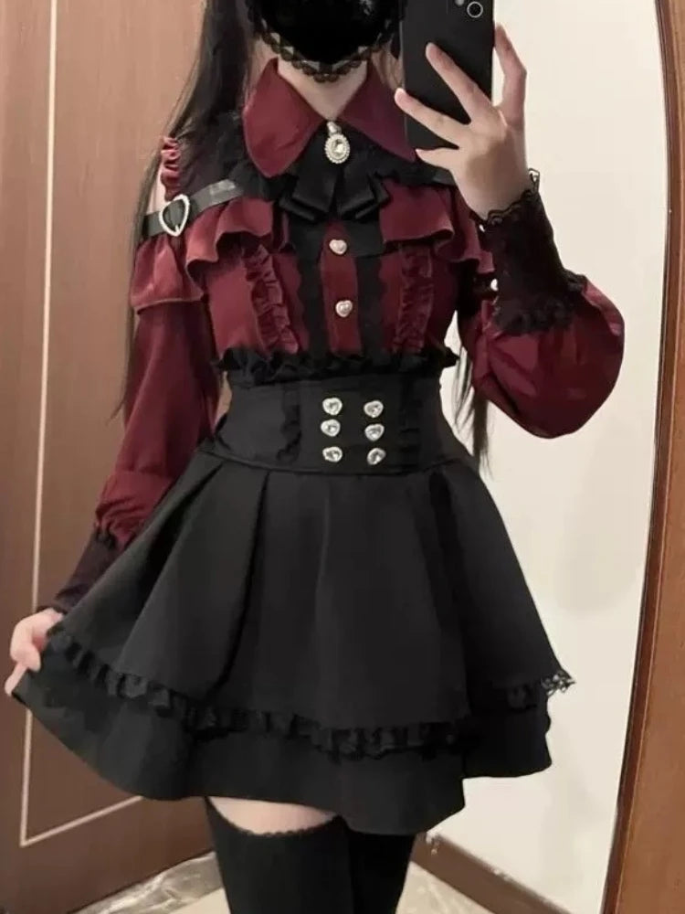 Sweet Lolita Vintage Suits Women Ruffles Cardigan + Sexy Y2k Corset Vest + Mini Skirts Autumn Korean Elegant 3 Piece Dress Sets - Matrix-studios.com