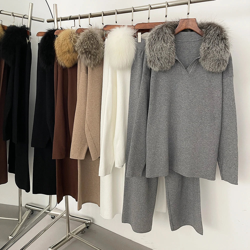 Reality Fur Jacket Pullover Set Woman Spring Knitted Suit Knitwear Female Real Fox Fur Collar Sweater Lady Autumn Knitted New - Matrix Studios