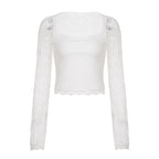 SUCHCUTE Lace-trimmed Patchwork Long-sleeve Tees Women Square Neck See-through Back Top Y2k Aesthetic 90s Sexy T-shirts Vintage - Matrix-studios.com