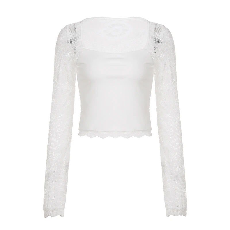SUCHCUTE Lace-trimmed Patchwork Long-sleeve Tees Women Square Neck See-through Back Top Y2k Aesthetic 90s Sexy T-shirts Vintage - Matrix-studios.com