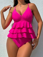 Cikini-Layered Hem Tankini Swimsuit for Women, Monochromatic, Two-Piece, Summer Beach Swimwear, Bathing Suit - Matrix-studios.com