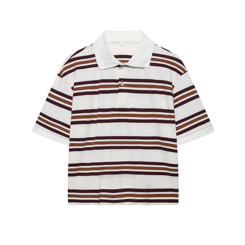 Summer Ladies Polo Shirts Woman Shorts Short Sleeve Brown Striped Vintage Clothes Polo Shirts Mujer Streetwear Crop Tops Casual - Matrix-studios.com