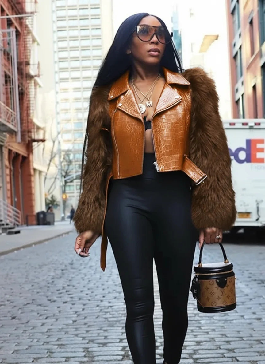 DEAT Fashion Faux Fur Patchwork PU Leather Motorcycle Jacket  Women's Lapel Zipper Sahses Short Jacket Autumn Winter New 7A2267 - Matrix Studios