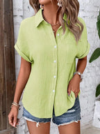 Women Casual Cotton Blouse Vintage Summer Short Sleeve Slim Shirt Elegant Turn Down Collar Solid Tunics Harajuku Streetwear Tops - Matrix-studios.com