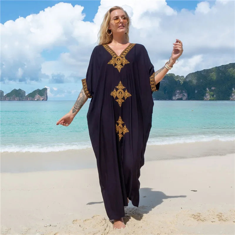 Women's Clothing Gold Embroidery Long Kaftan Dresses V Neck Caftan Dress Beach Cover Ups Tunic Maxi Dress - Matrix Studios