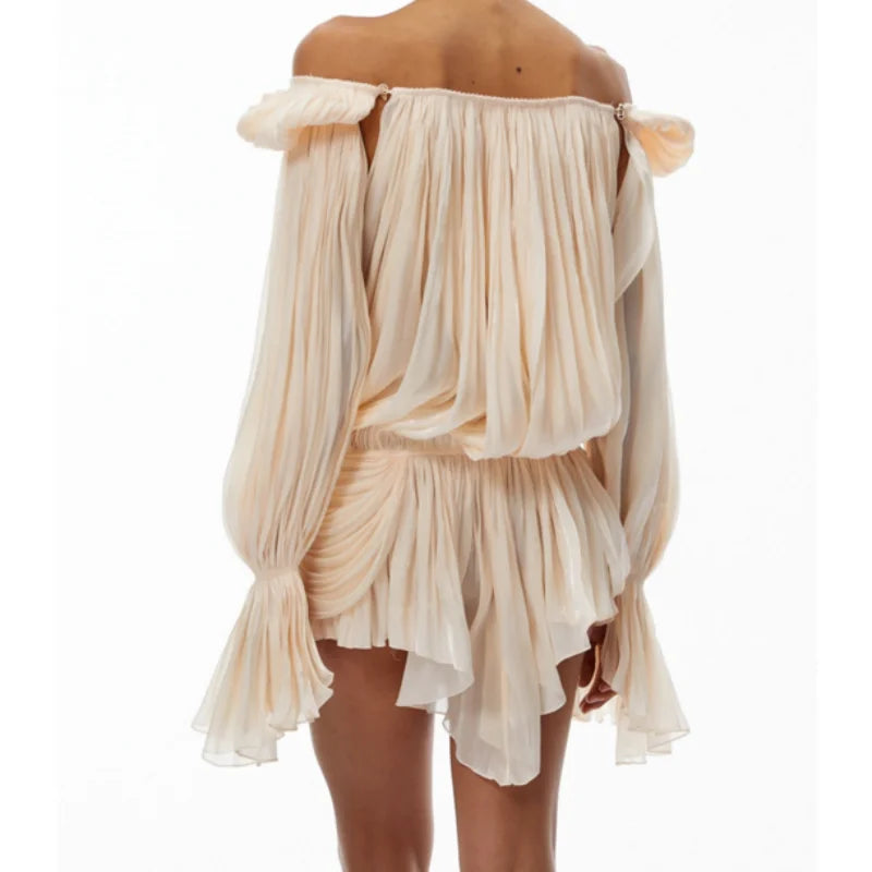 Satin Off Shoulder Pleated Mini Dress for Women Fashion Puff Sleeve  Cinched Waist Prom Party Skirt 2026 NEW Summer Lady Dresses - Matrix-studios.com
