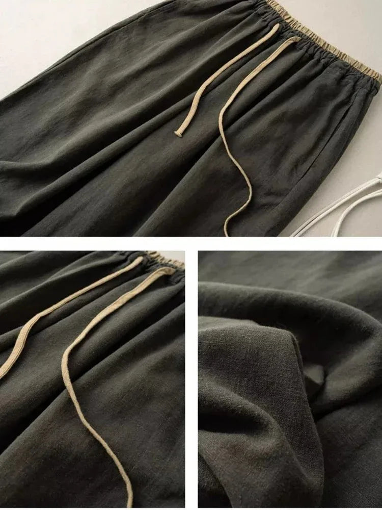 Summer Retro Cotton Linen Loose Harem Pants Elastic Drawstring Waist Casual Pants Basic Versatility Wide-leg Ankle-Length Pants - Matrix-studios.com