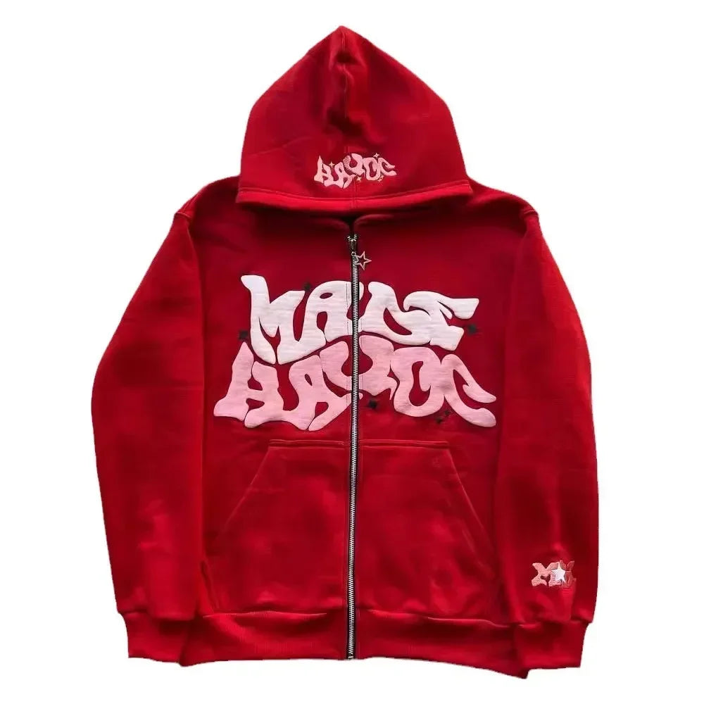 Zipper hooded sweatshirt with retro American letters suitable for men and women wearing Y2K jacket autumn/winter cardigan - Matrix Studios