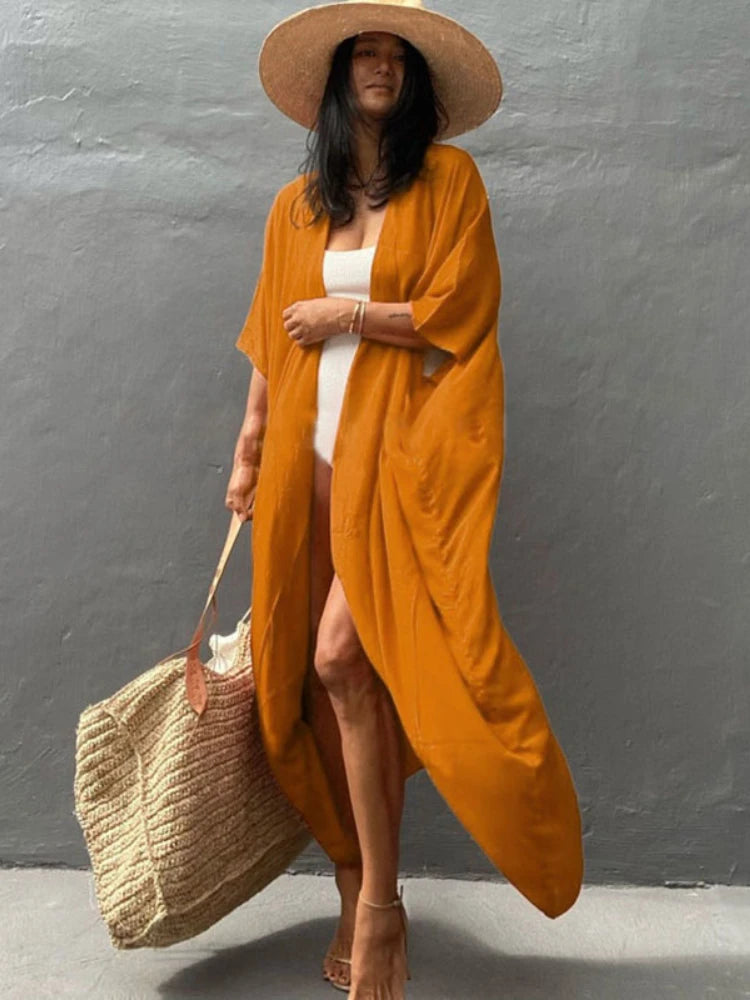 Beach Cover Up Kimono Women Summer 2022 New Pareo Swimsuit Cape Solid Bohemian Tunic Dresses Bathing Suits Dropshipping - Matrix Studios