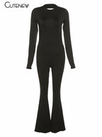 Cutenew Solid Black Sexy Backless Bodycon Wide Leg Jumpsuit Women Autumn Casual Slim Long Sleeve O-Neck Playsuit Lady Streetwear - Matrix Studios