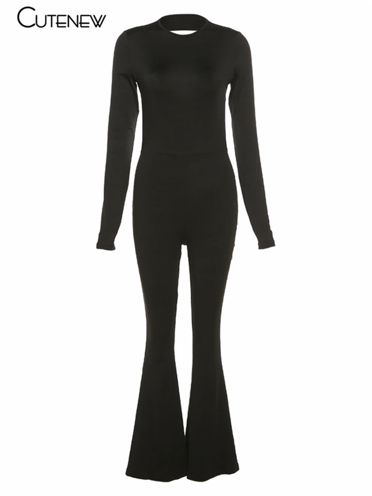 Cutenew Solid Black Sexy Backless Bodycon Wide Leg Jumpsuit Women Autumn Casual Slim Long Sleeve O-Neck Playsuit Lady Streetwear - Matrix Studios