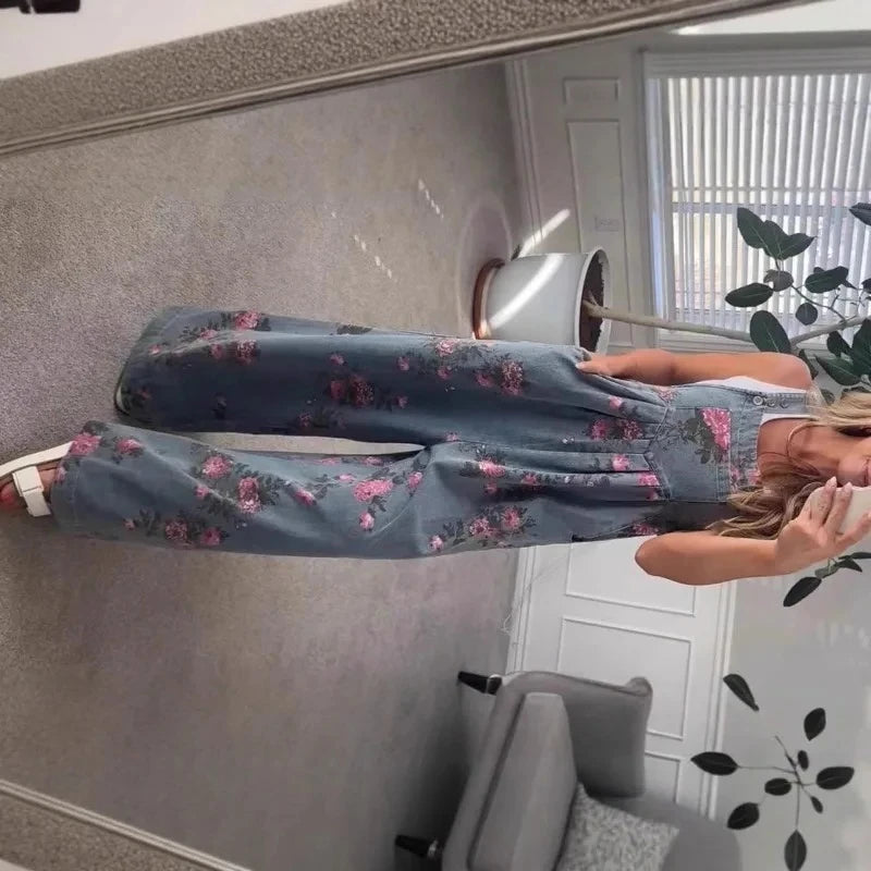 Denim Floral Print Trendy Sleeveless Jumpsuits for Women Rompers Festival Outfit Loose Overalls Pleated Pockets Long Pants - Matrix Studios
