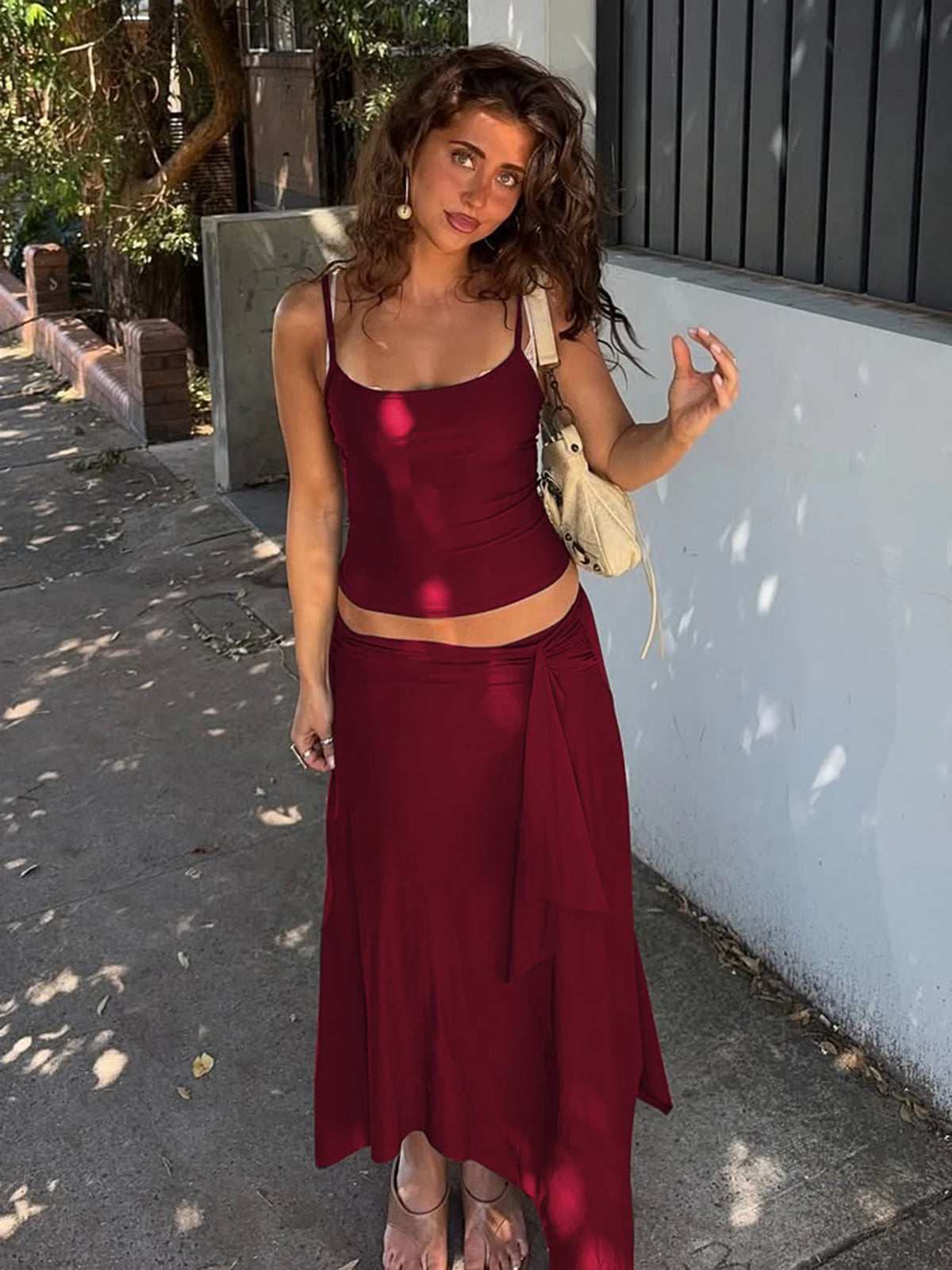 Hugcitar Fashion 2 Pcs Sest Solid Slips Sexy Slim Crop Camis Top Irregular Midi Skirt Women Clothes Beach Vacation Party Outfits - Matrix-studios.com
