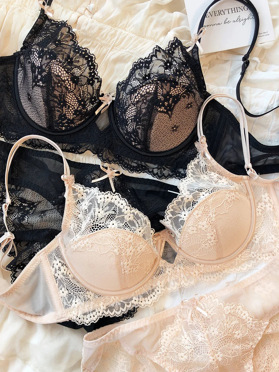 New Women Lingerie Set Sexy Lace Push Up Bra French 3/4 Thin Cup Bralette Cute Bow Decoration Underwear Comfort Bras Briefs Sets - Matrix Studios