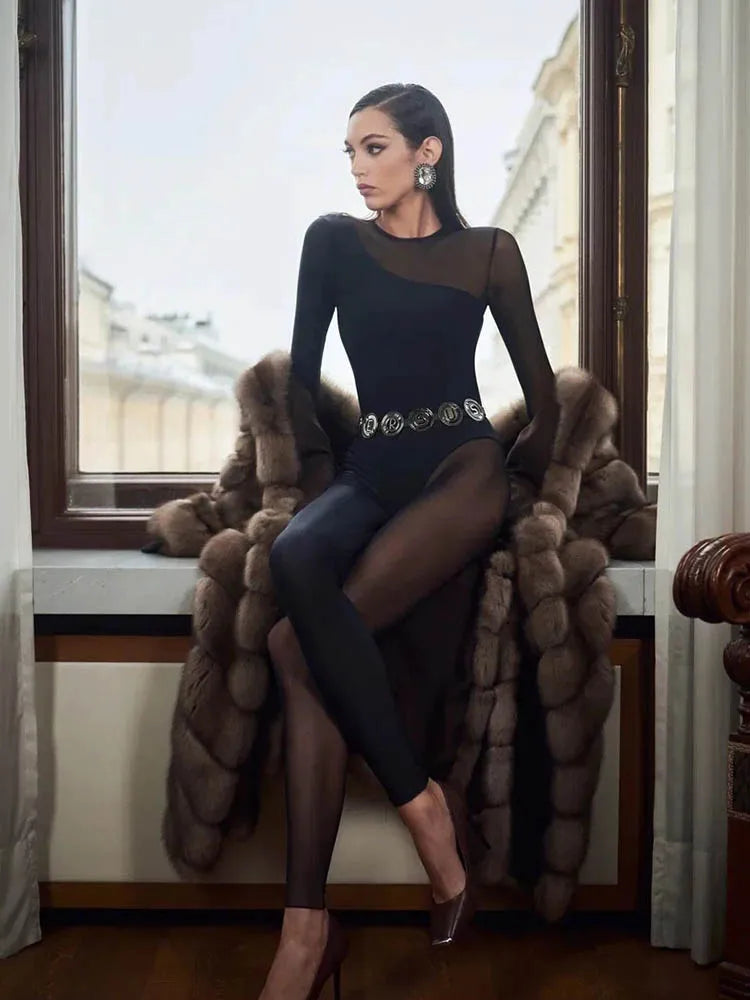 Hipster Tight Jumpsuit Woman Midnight Overalls Streetwear O-Neck Long Sleeve Zipper Sexy See Through Mesh Rompers Women Jumpsuit - Matrix Studios