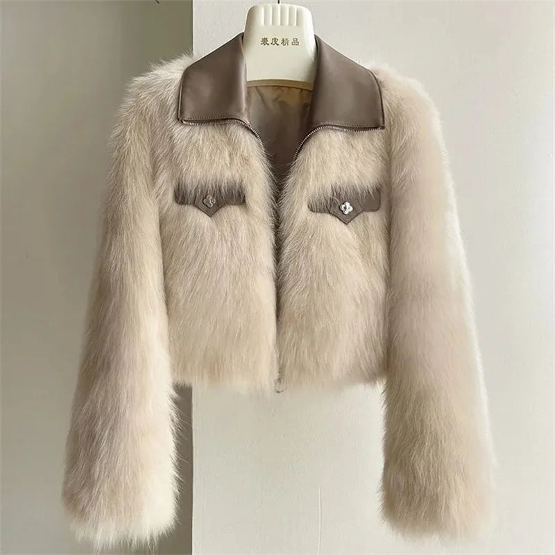 Women's Short Lapel Imitation Fox fur grass Coat 2025 Autumn Winter New Korean version Fashion Thicken Zipper Fur Coat Top - Matrix Studios