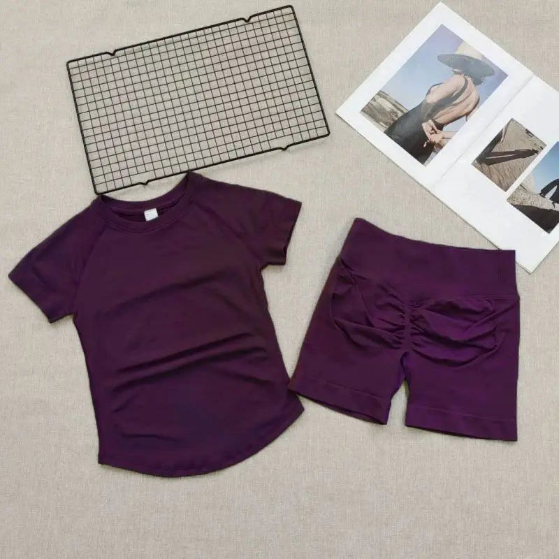 Women's Summer 2 Piece Yoga Outfit Slim Fit Short Sleeve Top High Waist Tummy Lifting Butt Shaping Shorts for Gym Running Daily - Matrix-studios.com