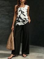 Women Vacation Two‑Piece Set, Sleeveless Square Neck Tank Top + Leaf Print Wide Leg Pants, Casual Loose Summer Matching Co‑Ords