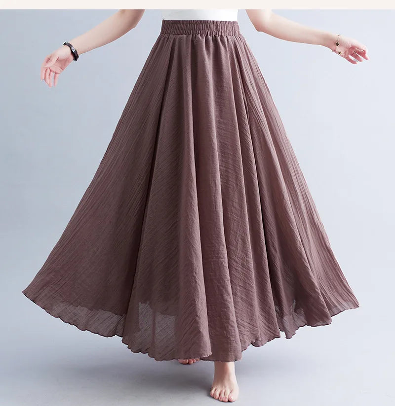 28-Color Mori Girl Literary Cotton Linen Dress Elastic Waist A-line Expansion Skirt Solid Color Ethnic Style Women Long Skirts - Matrix-studios.com